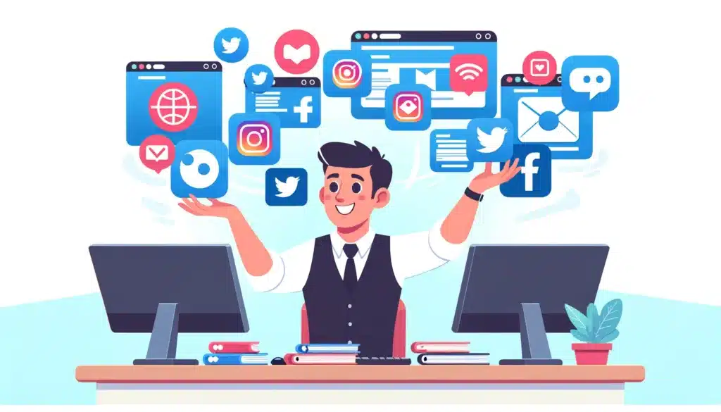 A social media manager at a desk with multiple screens showing various social media platforms. The manager is juggling social media icons with a playful expression.