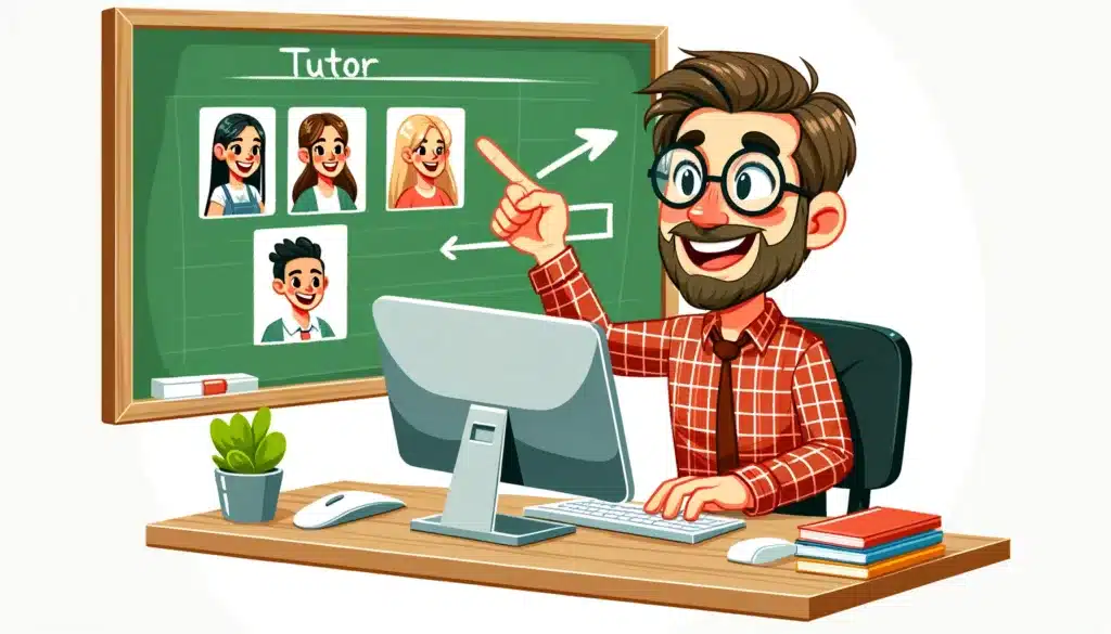 A tutor at a computer with students on video call screens. The tutor is pointing to a chalkboard with a funny, enthusiastic face.