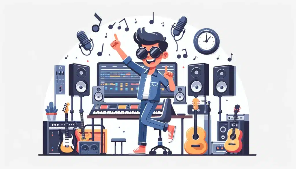 A music producer in a modern studio with musical instruments and sound equipment around. The producer has oversized sunglasses and a big smile, dancing