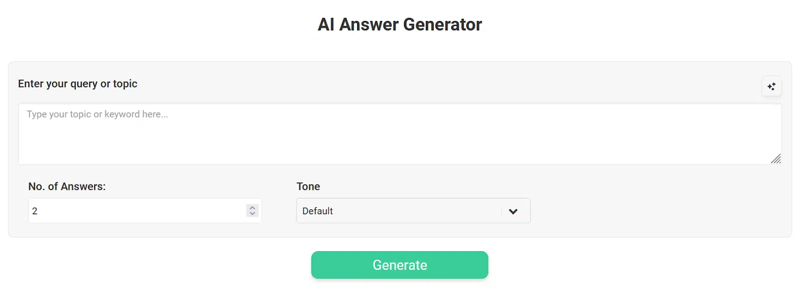 Prepostseo's AI answer generator interface for creating answers to queries with options to select the number of answers and tone