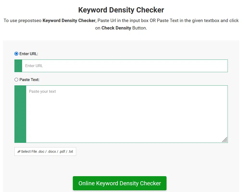 Prepostseo's keyword density checker interface for analyzing keyword density in URLs or text with a simple input field and upload options.