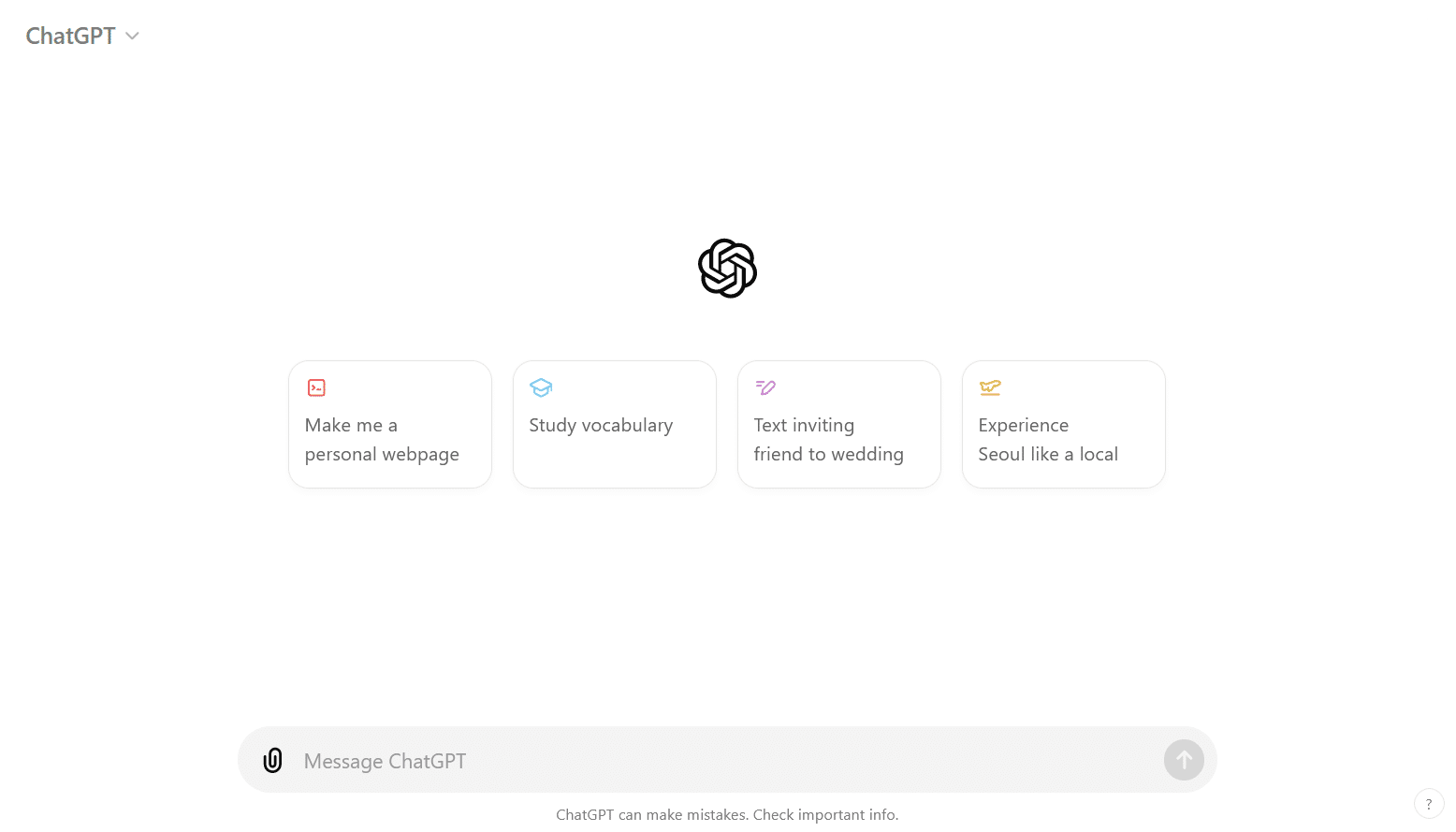ChatGPT interface showing options like making a personal webpage, studying vocabulary, inviting a friend to a wedding, and experiencing Seoul,