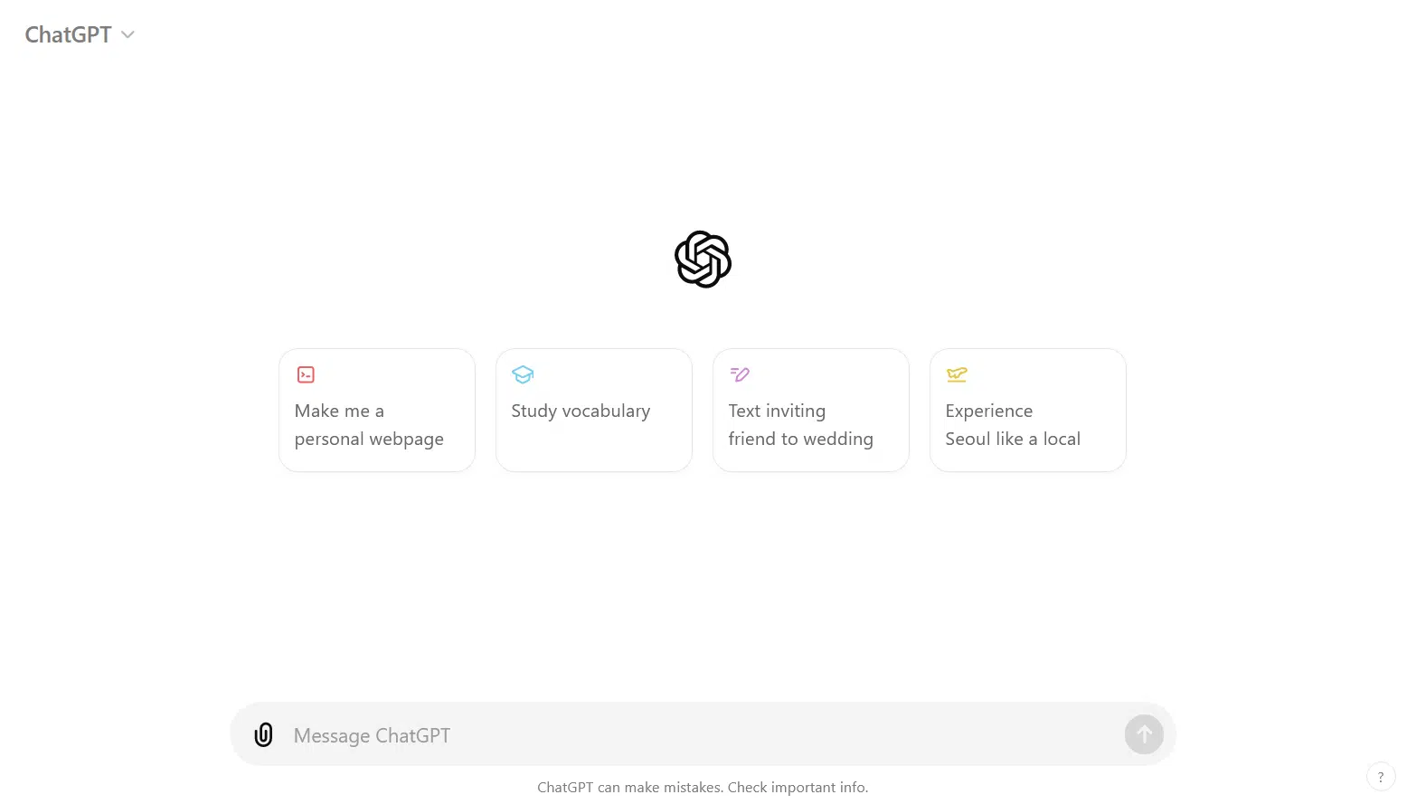 ChatGPT interface showing options like making a personal webpage, studying vocabulary, inviting a friend to a wedding, and experiencing Seoul,