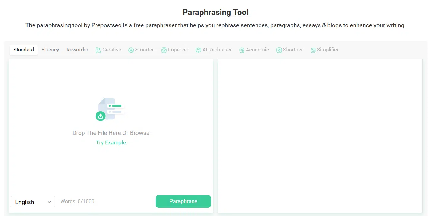 Prepostseo's paraphrasing tool interface for rephrasing sentences, paragraphs, essays, and blogs with various modes and a simple upload feature.