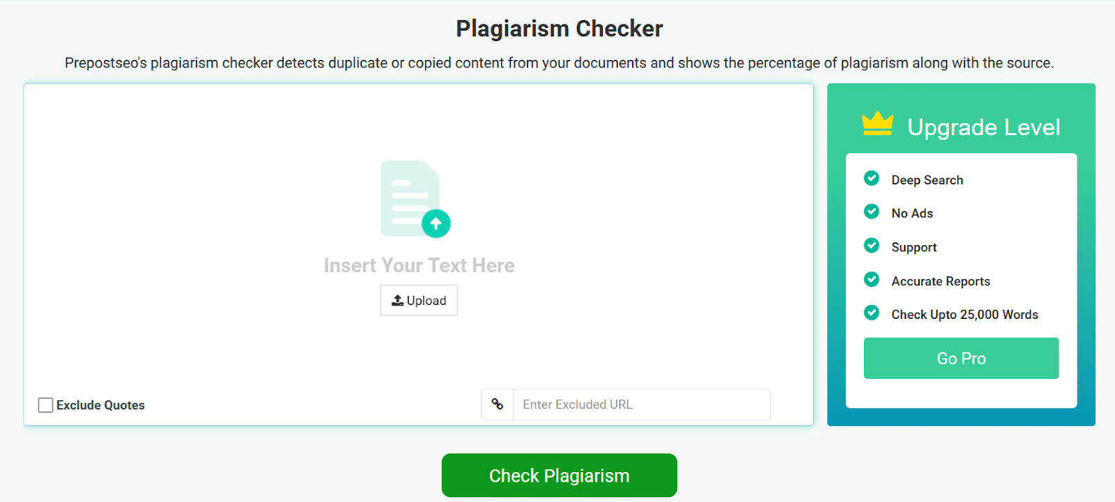 Prepostseo's plagiarism checker interface for detecting duplicate content with options to upgrade for deeper search and accurate reports