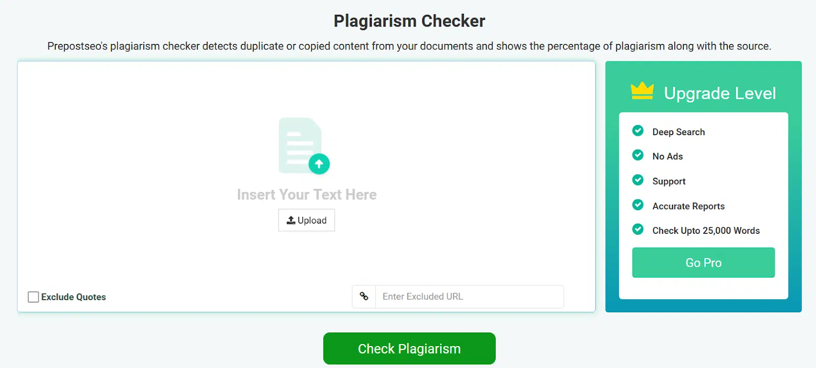 Prepostseo's plagiarism checker interface for detecting duplicate content with options to upgrade for deeper search and accurate reports