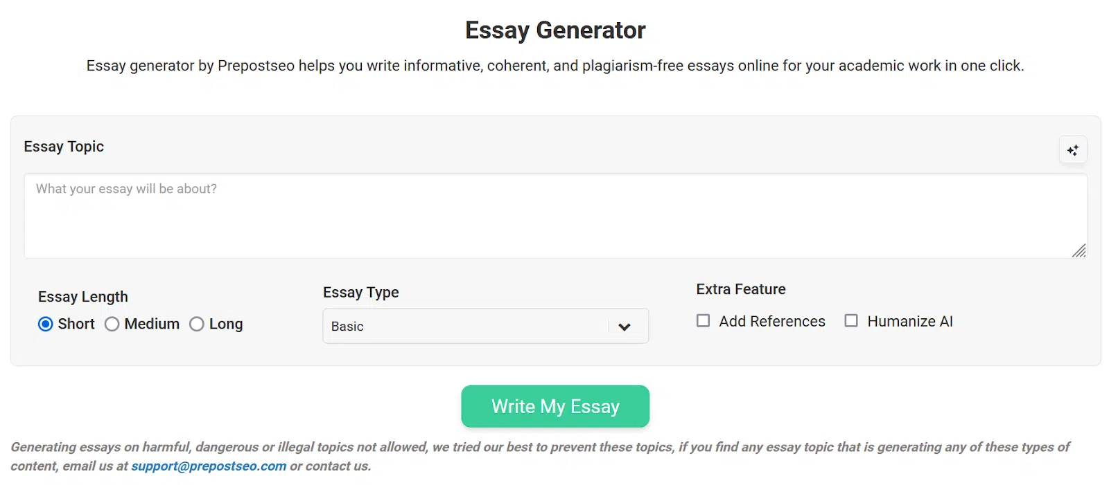 Prepostseo's essay generator interface for creating informative, coherent, and plagiarism-free essays with options to select essay type and length