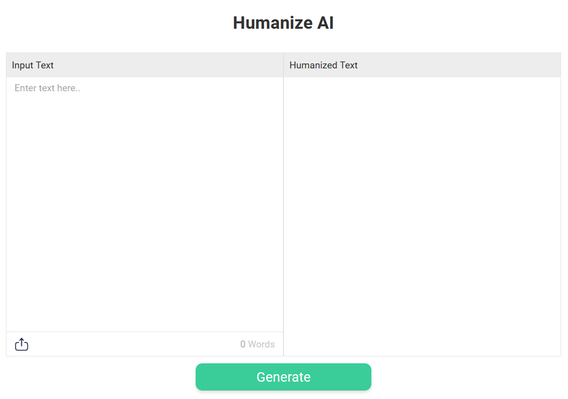 Prepostseo's Humanize AI tool interface for transforming AI-generated text into more natural, human-like language with a generate button