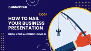 Infographic on how to nail your business presentation using AI, featuring a hand holding a fishing rod with a small figure dangling from the hook, symbolizing how to hook your audience. The image uses a vibrant color scheme of purple, orange, and white.