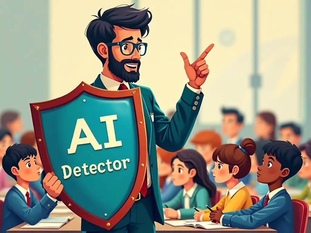 A bearded man in a suit holds an "AI Detector" shield, gesturing with his other hand while addressing a group of attentive students in a classroom setting, cartoon style illustration