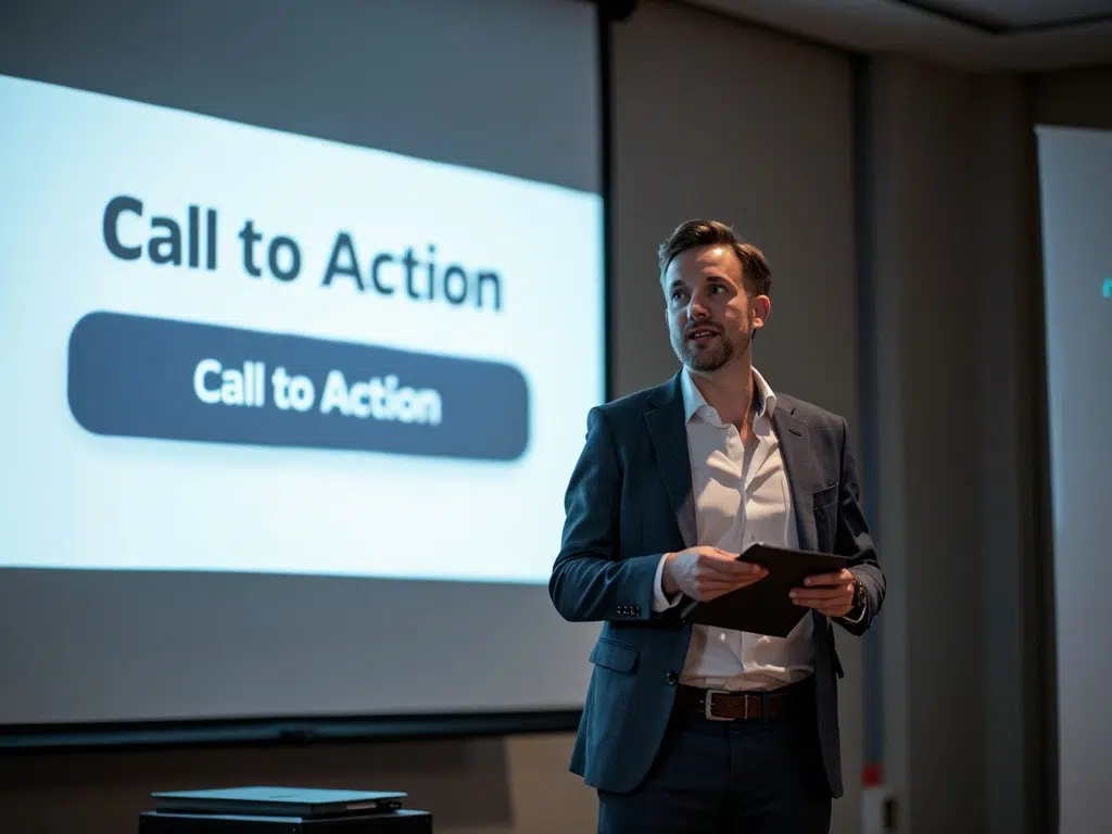 A confident male presenter standing next to a projection screen displaying "Call to Action", demonstrating one of the best ways to hook your audience in business presentation through a clear and compelling closing statement.