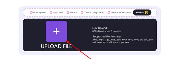  Interface for one of the best voice enhancer tools showing an upload section with a purple "UPLOAD FILE" button, file size limit, and supported formats. Features include bulk upload and cloud storage options.
