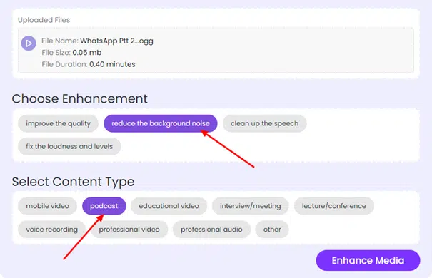 Interface of an audio enhancement tool, one of the best media improvement options, showing uploaded file details and enhancement choices. Options include "reduce the background noise" and content type selection like "podcast", with an "Enhance Media" button.