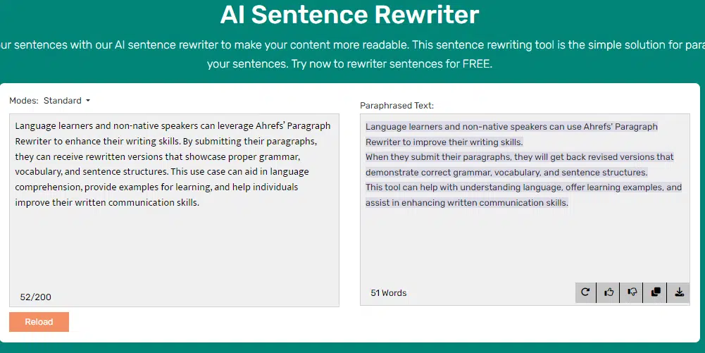 Screenshot of sentencerewriter.net online tool tool , one of the best content improvement solutions, showing input and paraphrased text boxes with options to rewrite sentences in different modes for enhancing readability and grammar.