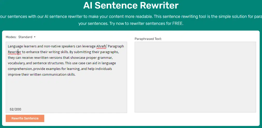 Screenshot of sentencerewriter.net online tool tool , one of the best content improvement solutions, uses advanced AI to create original content based on user input. It processes the given topic through natural language algorithms, analyzing context and generating relevant text that sounds human-written.